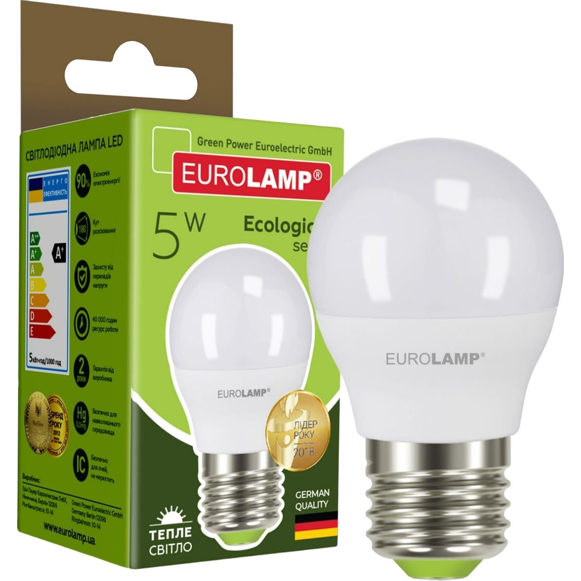 Світлодіодна лампа Eurolamp LED Ecological Series, G45, 5W, E27, 3000K (LED-G45-05273(P)) - фото 1