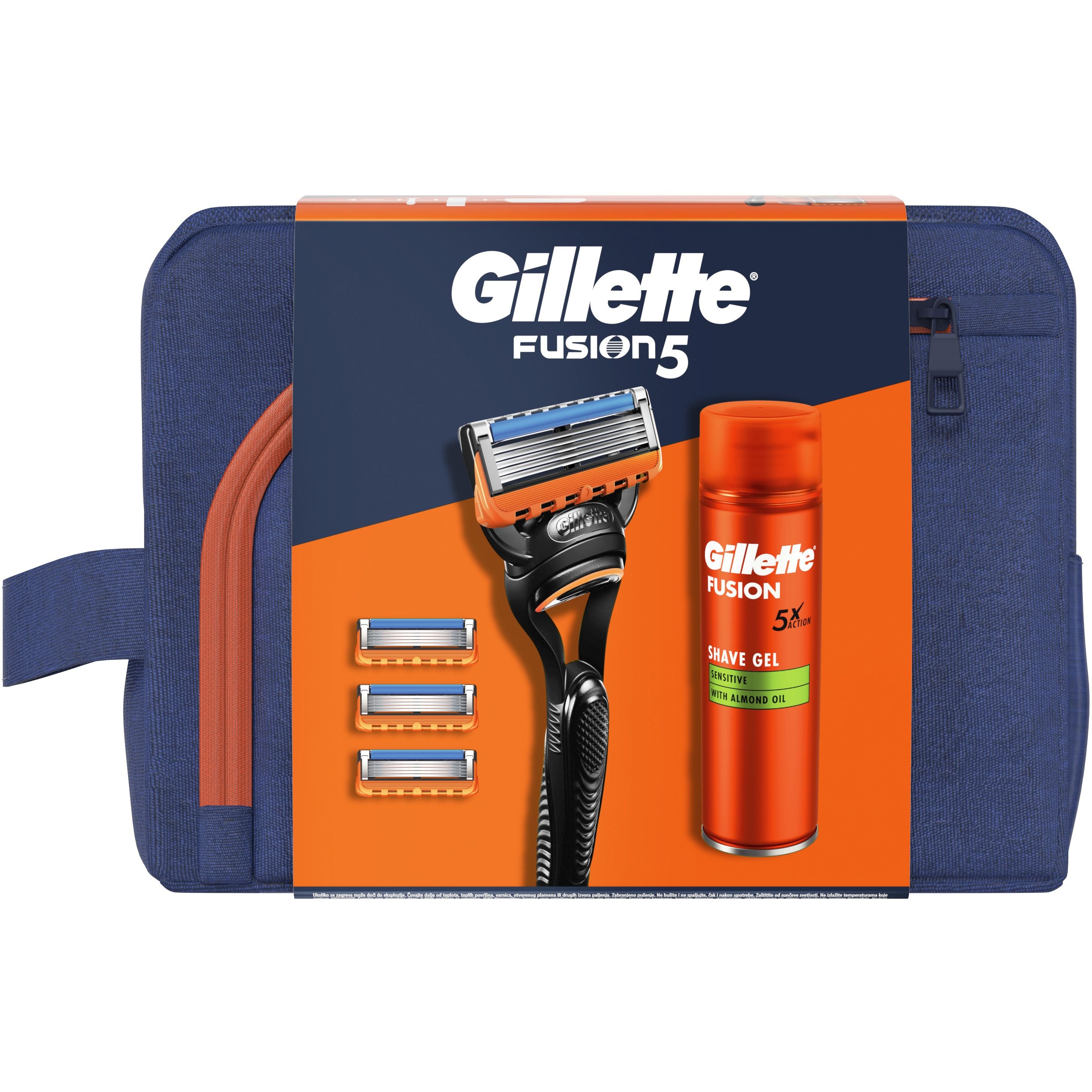Подарочный набор для мужчин Gillette Fusion5: бритва + сменные катриджи 4 шт. + гель для бритья 200 мл + дорожная косметичка - фото 2