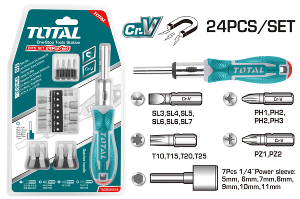 Викрутка Total з реверсом і зі змінними насадками 24 шт. (TACSD30246) - фото 2