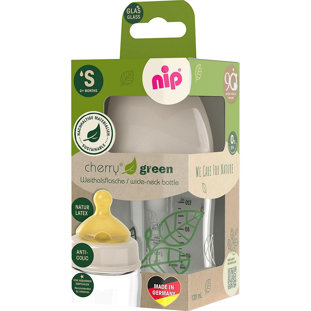 Стеклянная бутылочка Nip Зелена серия Вишенка, с широкой горловиной, латекс, бежевая, 120 мл (35116) - фото 3