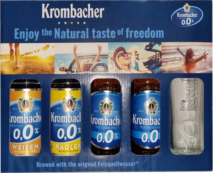 Набор безалкогольного пива Krombacher (Pils 2 шт. х 0.33 л, Weizen 1 шт. х 0.33 л, Radler 1 шт. х 0.33 л) + бокал - фото 1