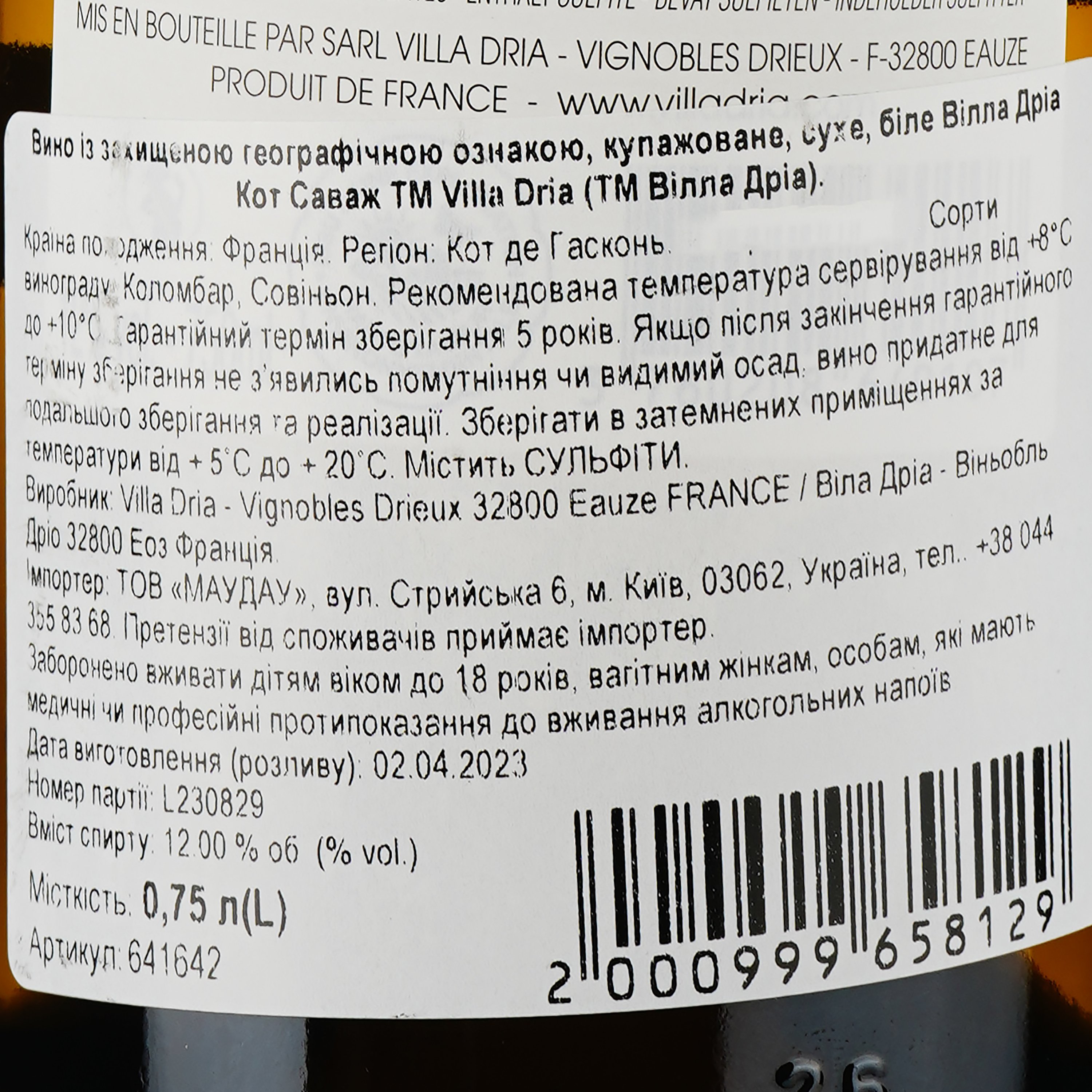 Вино Villa Dria Cote Sauvage IGP Cotes de Gascogne 2022 біле сухе 0.75 л - фото 3