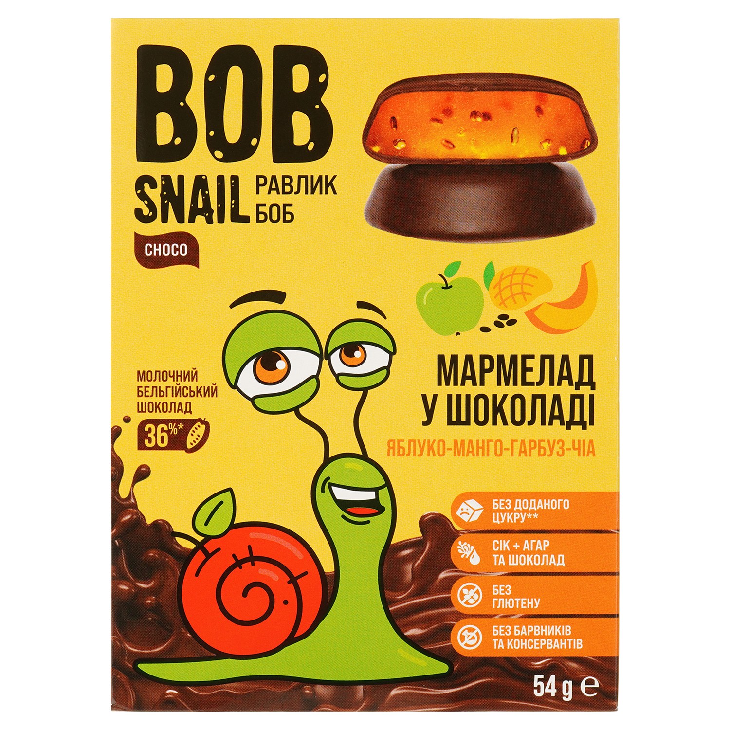 Фруктово-овочевий мармелад Bob Snail Яблуко-Манго-Гарбуз-Чіа в бельгійському молочному шоколаді 54 г - фото 1