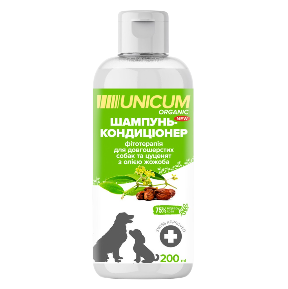 Шампунь-кондиціонер Unicum Organic для довгошерстих собак з маслом жожоба, 200 мл (UN-079) - фото 1