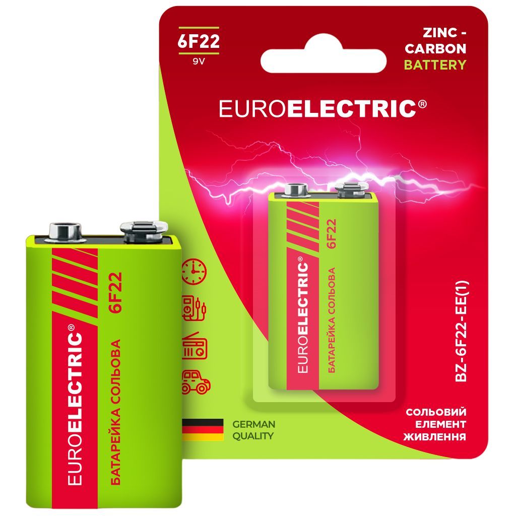 Батарейка Euroelectric 6F22 9V, 1 шт. - фото 1