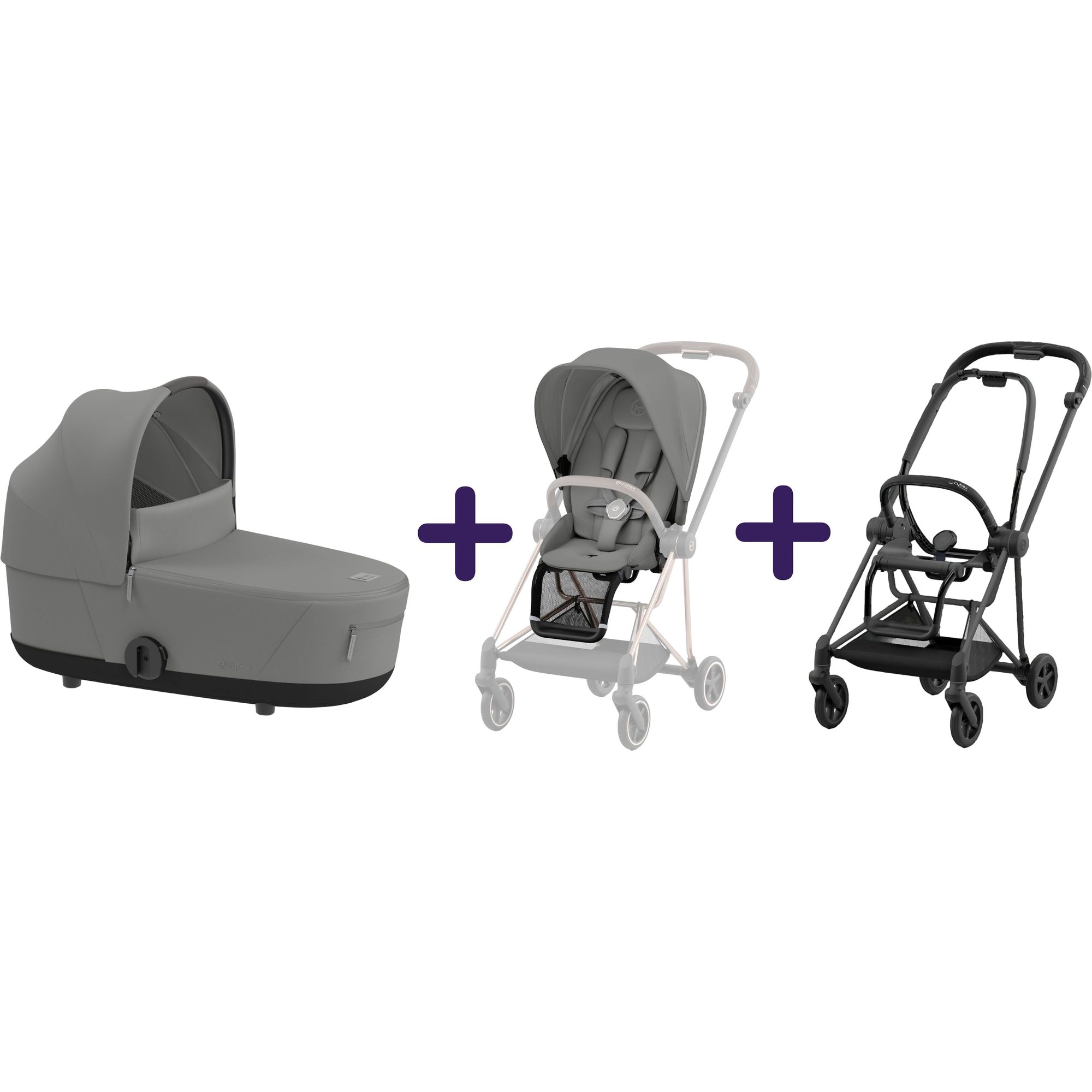 Люлька Cybex Mios Lux Mirage Grey + Текстиль для прогулочного блока Cybex Mios Mirage Grey + Шасси для коляски Cybex Mios LS RBA Matt Black - фото 1