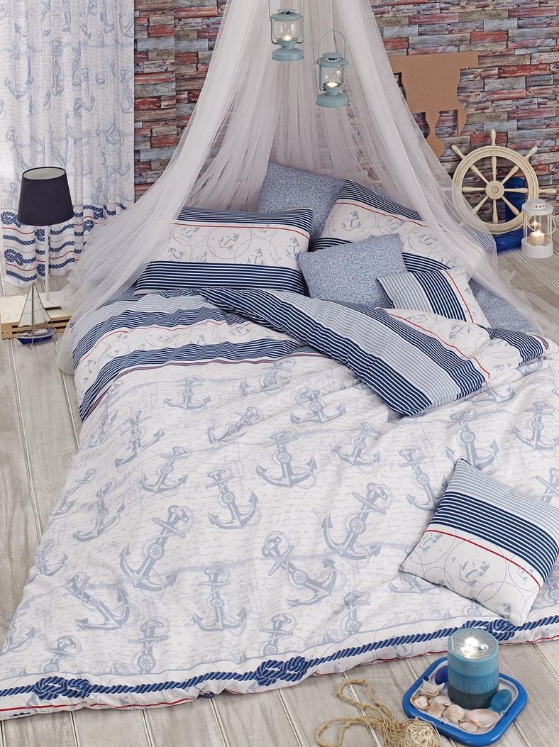 Комплект постельного белья Eponj Home Capa A.Mavi, ранфорс, евростандарт, голубой, 4 единицы (7289) - фото 1
