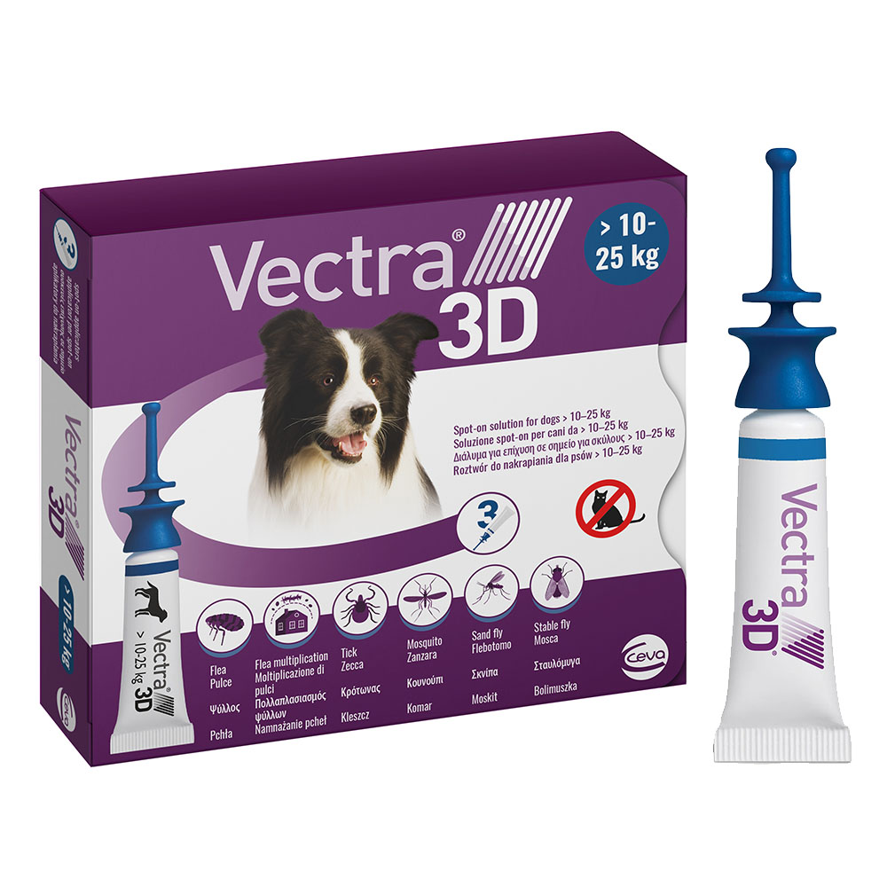 Краплі на холку для собак від 10,1 до 25 кг CEVA Vectra 3D, від зовнішніх паразитів, 1 упаковка (3 піпетки по 3,6 мл) - фото 1