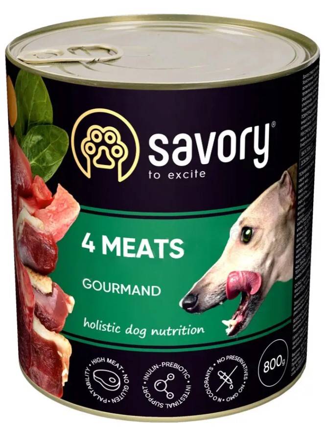 Вологий корм для дорослих собак всіх порід Savory Dog Gourmand, 4 м'яса, 800 г - фото 1