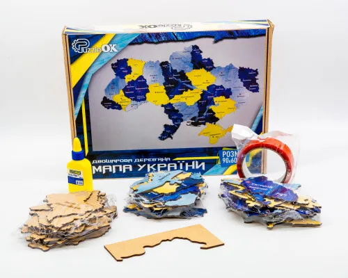 Деревянный пазл PuzzleOk Карта Украины двухслойная деревянная настенная сине-желтая 60х90 см - фото 2