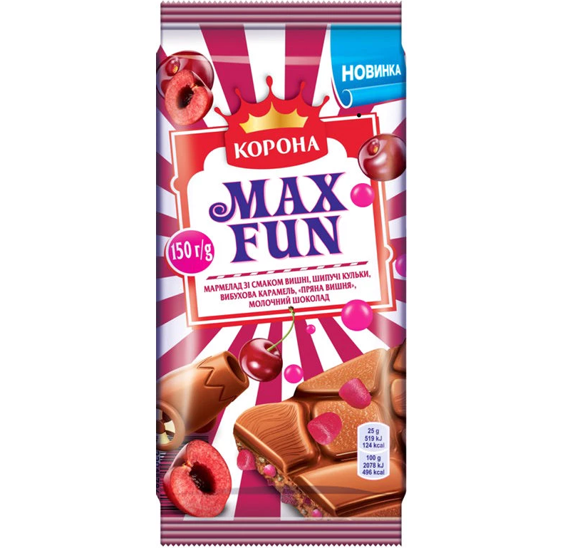 Шоколад молочний Корона Max Fun зі смаком вишні, 150 г (887854) - фото 1