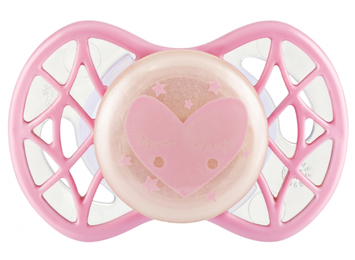 Силиконовая симметричная пустышка Nuvita Air55 Cool Сердце, светится в темноте, 0+ мес., светло-розовый (NV7065GCR) - фото 1
