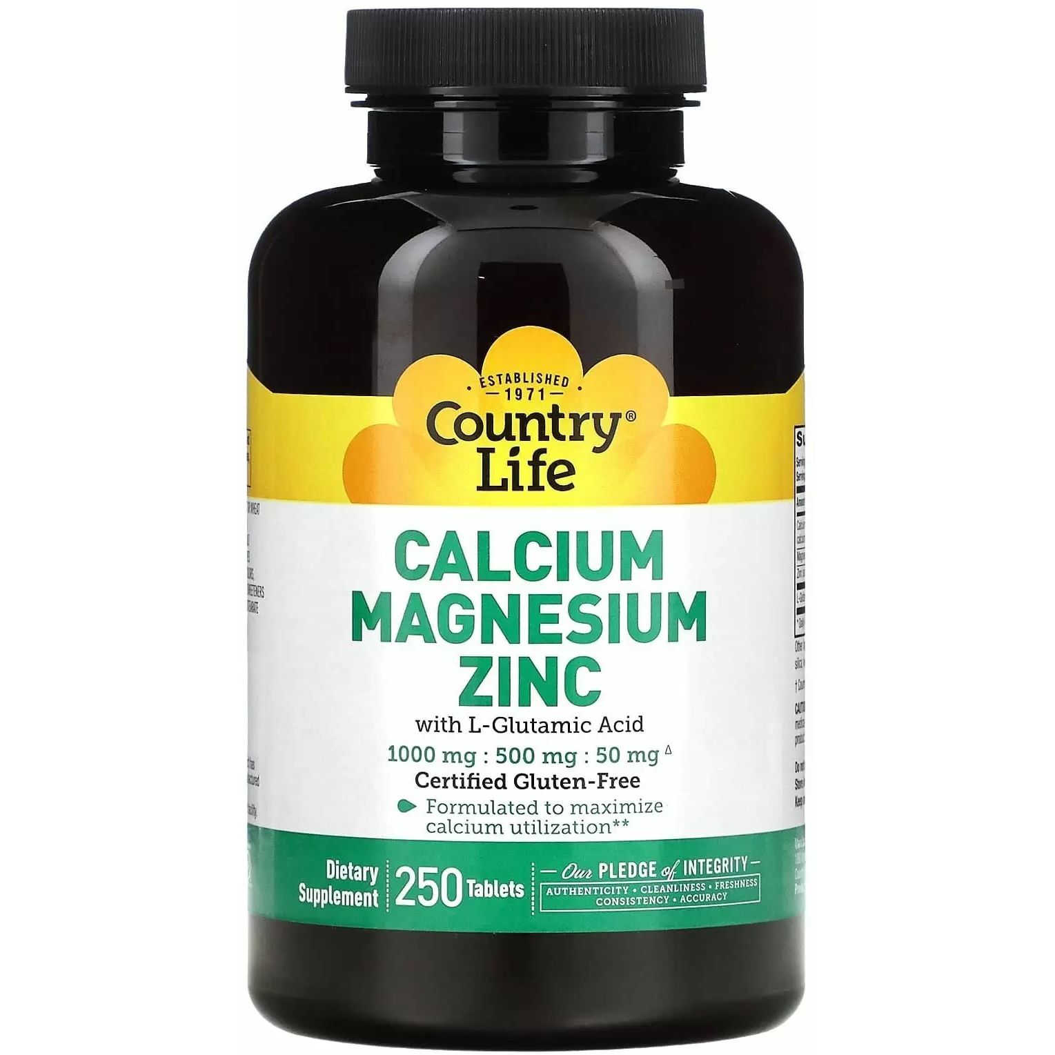 Кальцій, Магній та Цинк Country Life з L-Глютаміном Calcium Magnesium Zync 250 таблеток - фото 1