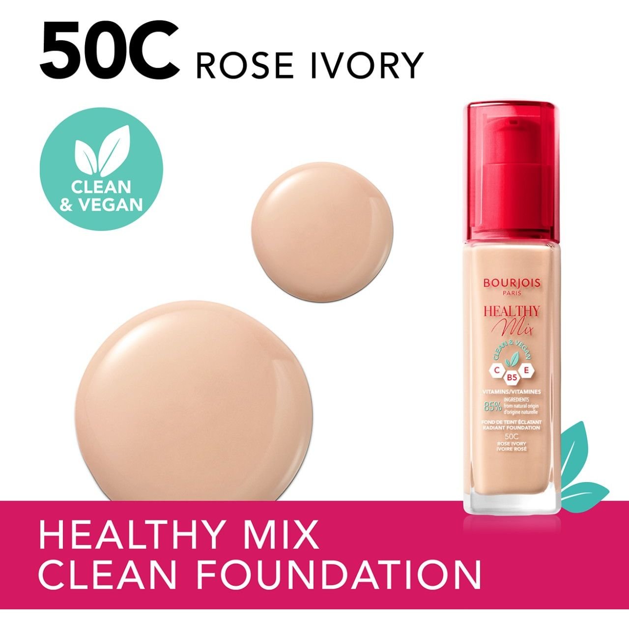 Тональна основа Bourjois Healthy Mix Clean & Vegan відтінок 50C (Rose Ivory) 30 мл - фото 3