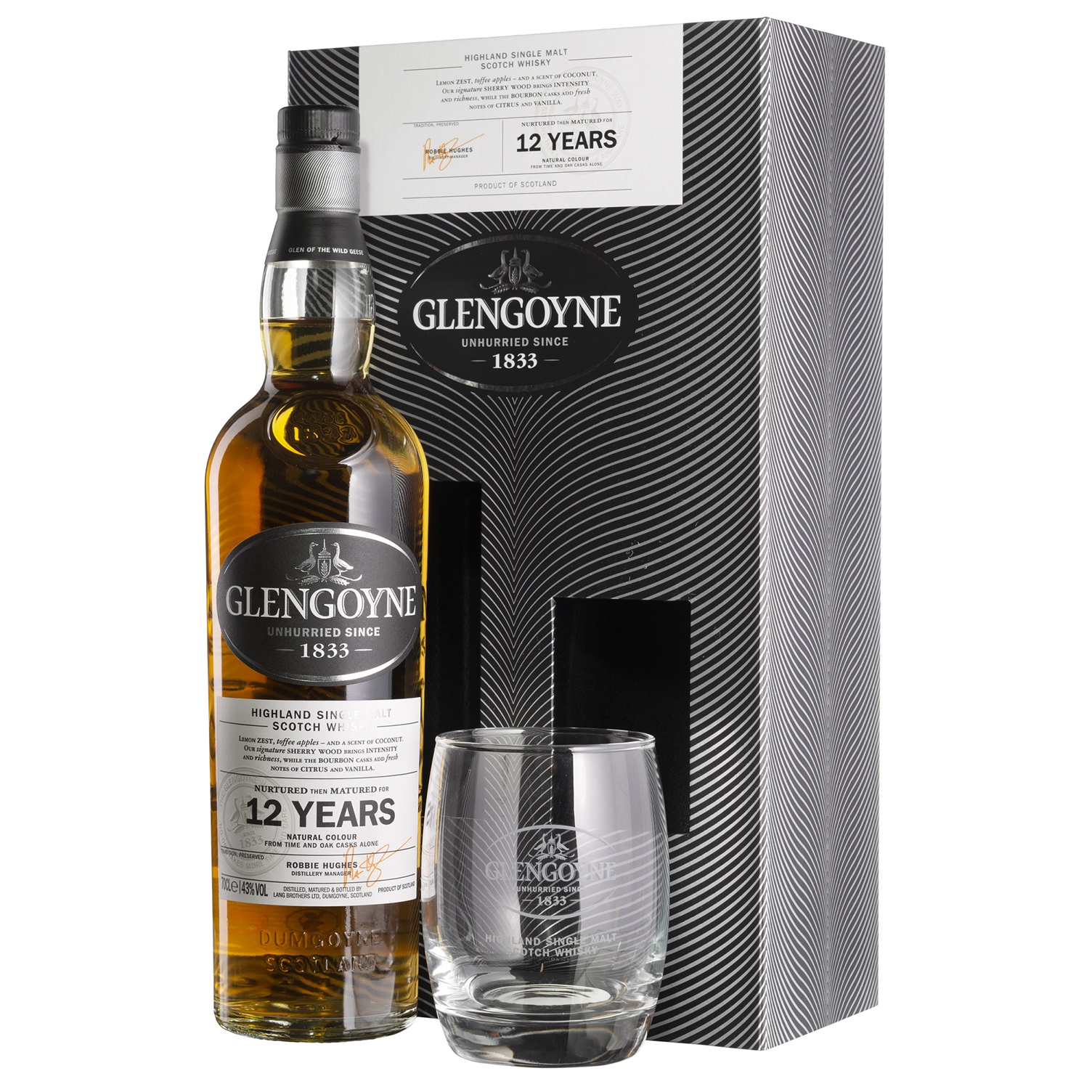 Виски Glengoyne 12yo Single Malt Scotch Whisky, 43%, 0,7 л + бокал (33998) - фото 1