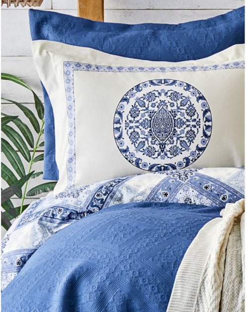 Набор постельное белье с покрывалом и пледом Karaca Home Levni mavi 2020-1, евро, синий, 8 предметов (svt-2000022238762) - фото 2