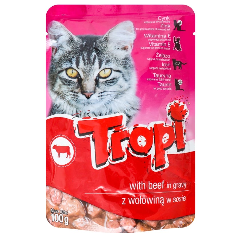 Вологий корм для котів Tropi, з яловичиною, 100 г - фото 1
