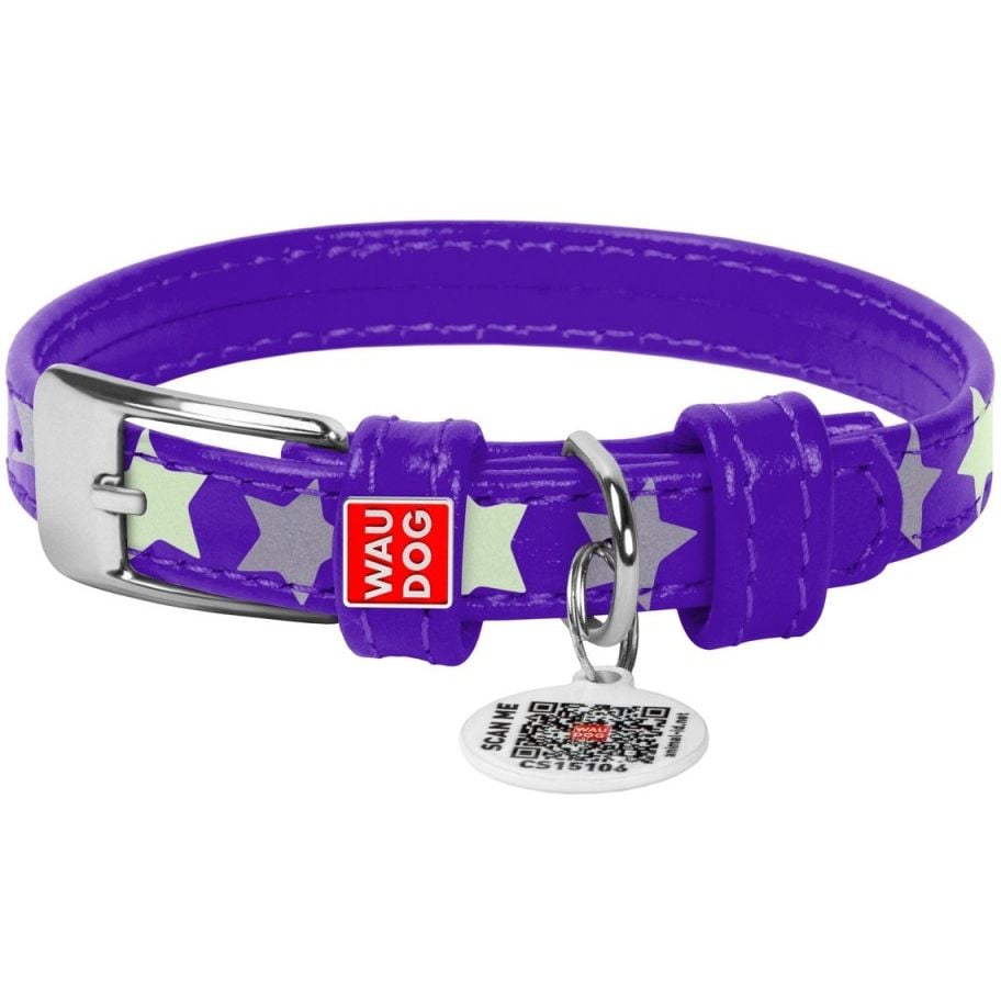 Нашийник для собак Waudog Glamour Зірочка, шкіряний, світловідбивний, світлонакопичуючий, з QR паспортом, XL, 46-60х3,5 см, фіолетовий - фото 1