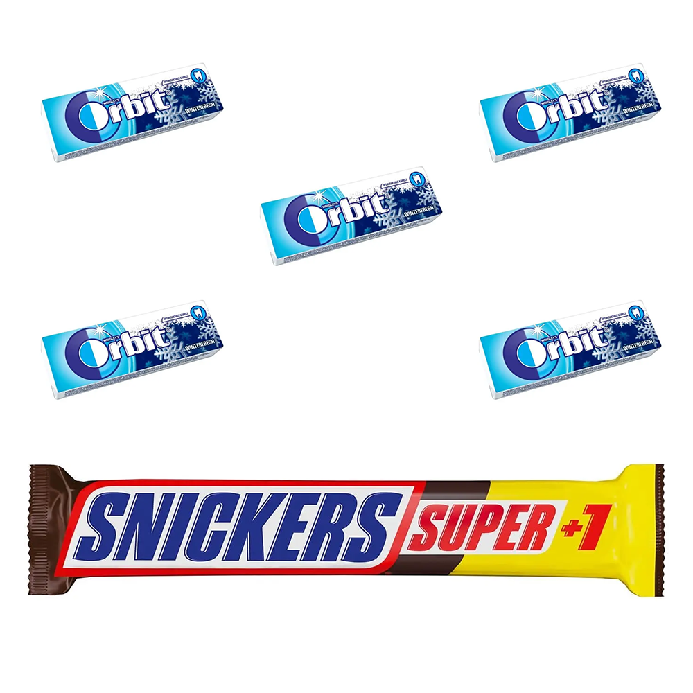 Набір: батончик Snickers Super +1 з арахісом 112 г + гумка жувальна Orbit Winterfresh драже 14 г 5 шт. - фото 1