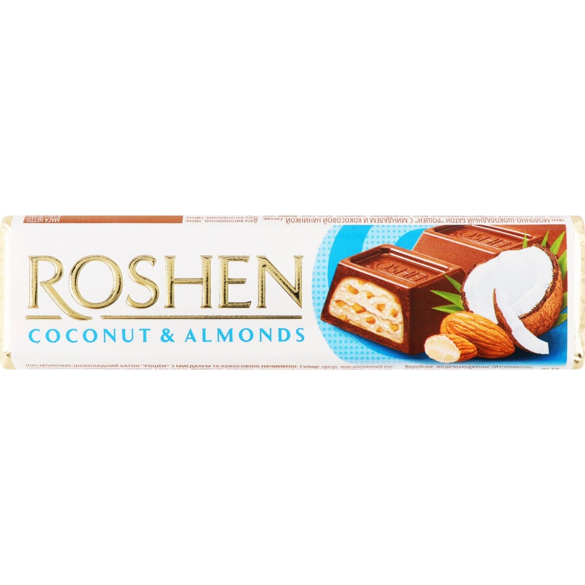 Батончик Roshen Молочно-шоколадний з мигдалем та кокосом 38 г - фото 1