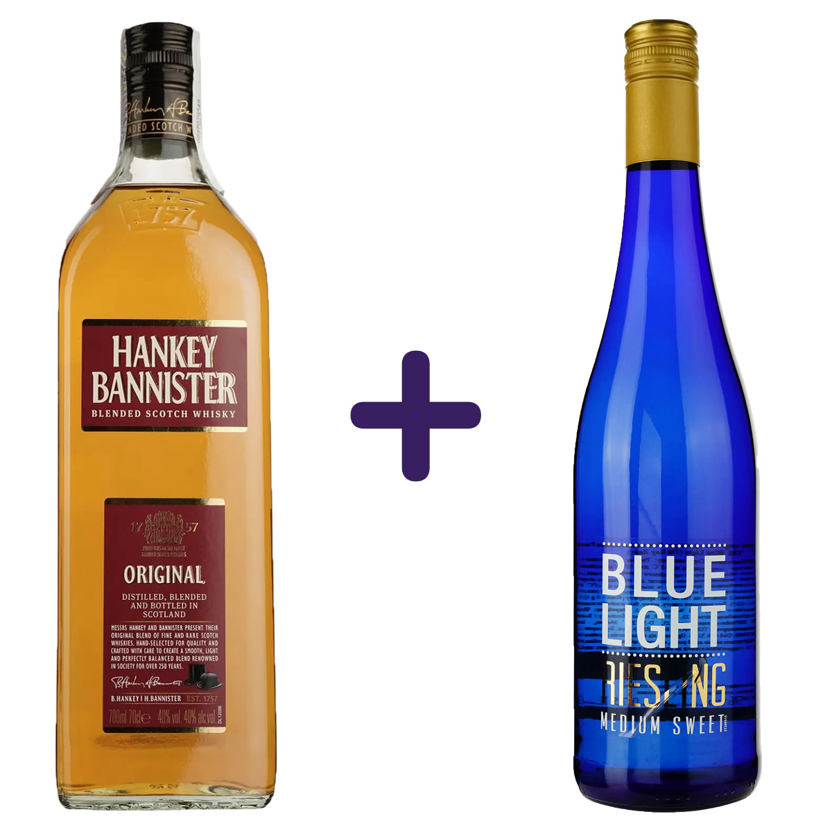 Набор: Виски Hankey Bannister Original Blended Scotch Whisky 40% 0.7 л + Вино Hechtsheim Riesling Blue Light белое полусладкое 0.75 л - фото 1