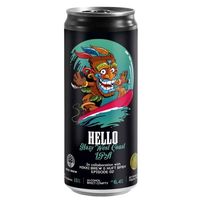 Пиво Mikki Brew Hello, светлое, нефильтрованное, 6,4%, ж/б, 0,33 л - фото 1