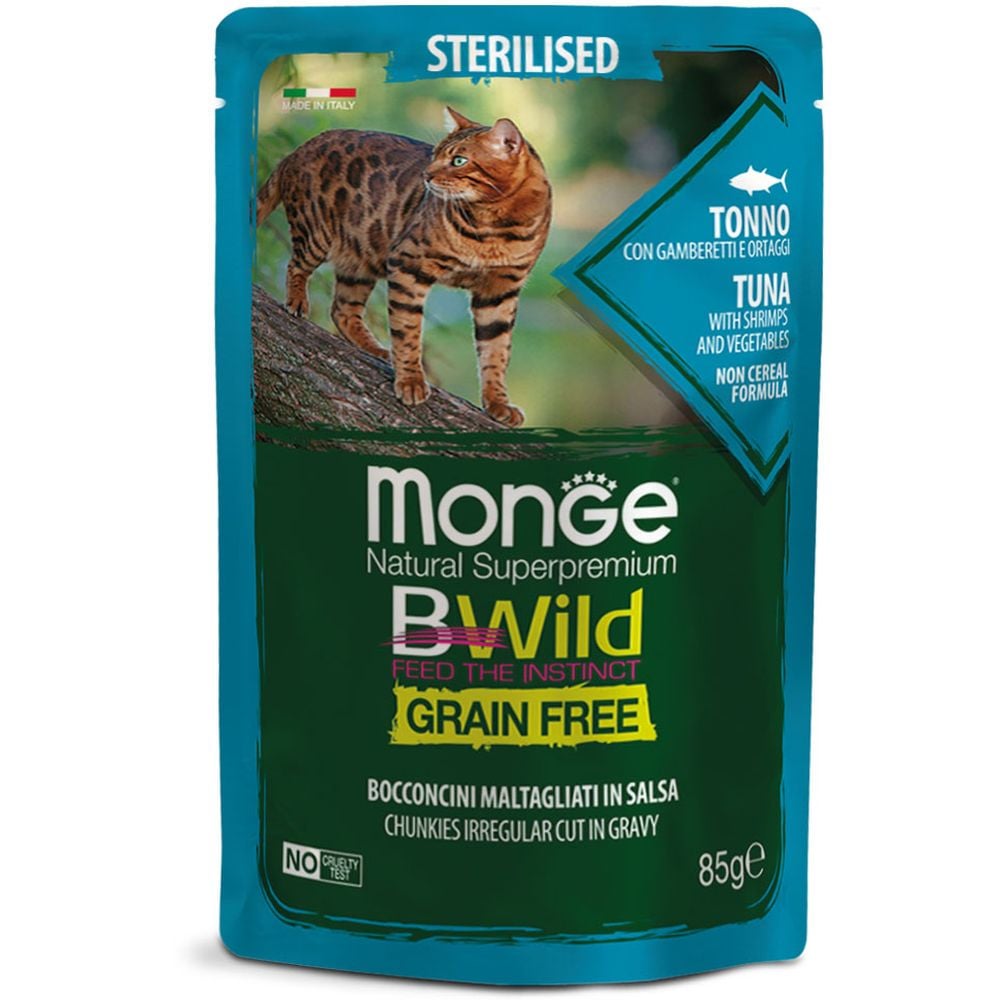 Вологий корм для котів Monge Cat Вwild Gr. Free Wet Sterilised, тунець з креветками та овочами, 85 г - фото 1