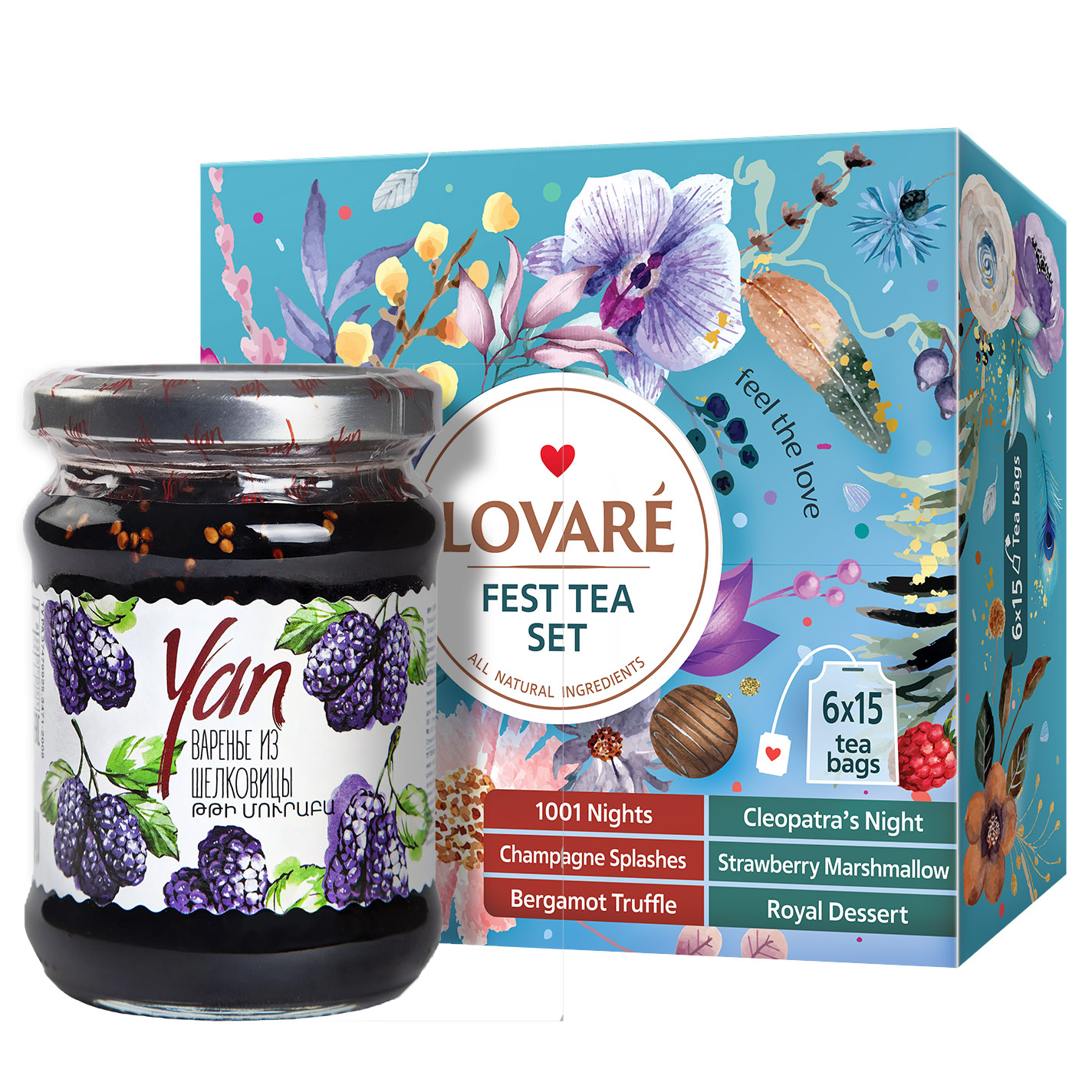 Набір: Чай асорті Lovare Fest Tea Set 180 г (90 шт. х 2 г) + Варення Yan з шовковиці 300 г - фото 1