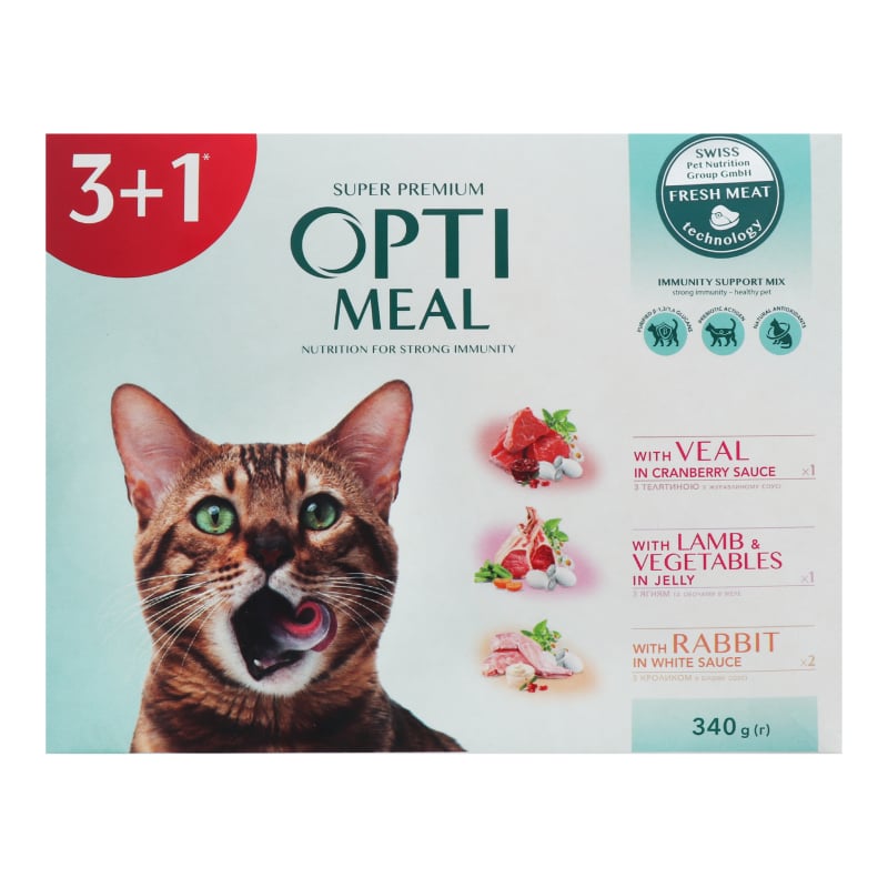 Набор влажного корма для взрослых кошек Optimeal 3+1, 340 г (4 пауча по 85 г) - фото 1