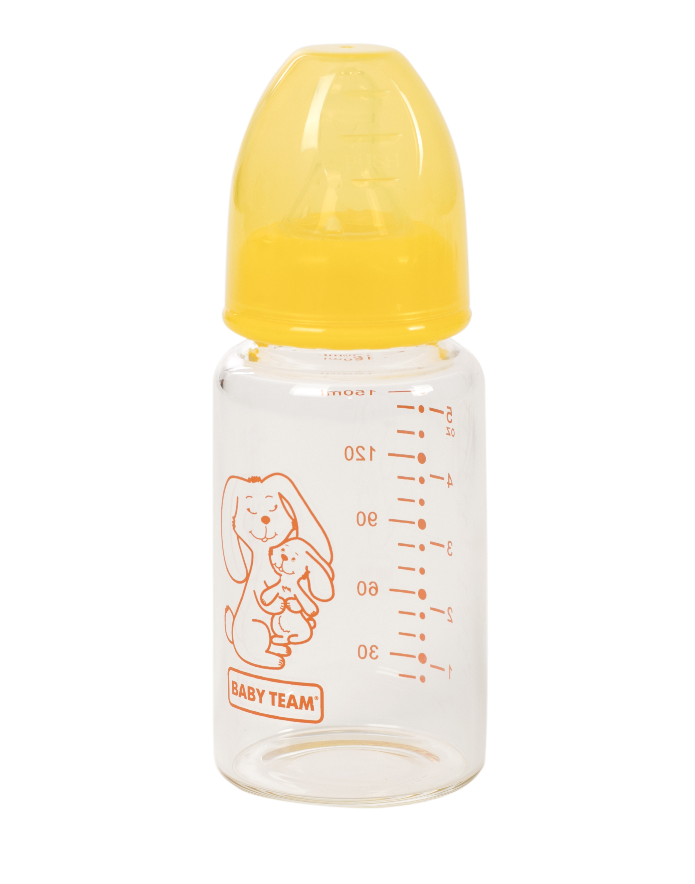 Пляшка для годування Baby Team, скляна, 150 мл, жовтий (1210_зайчик) - фото 1