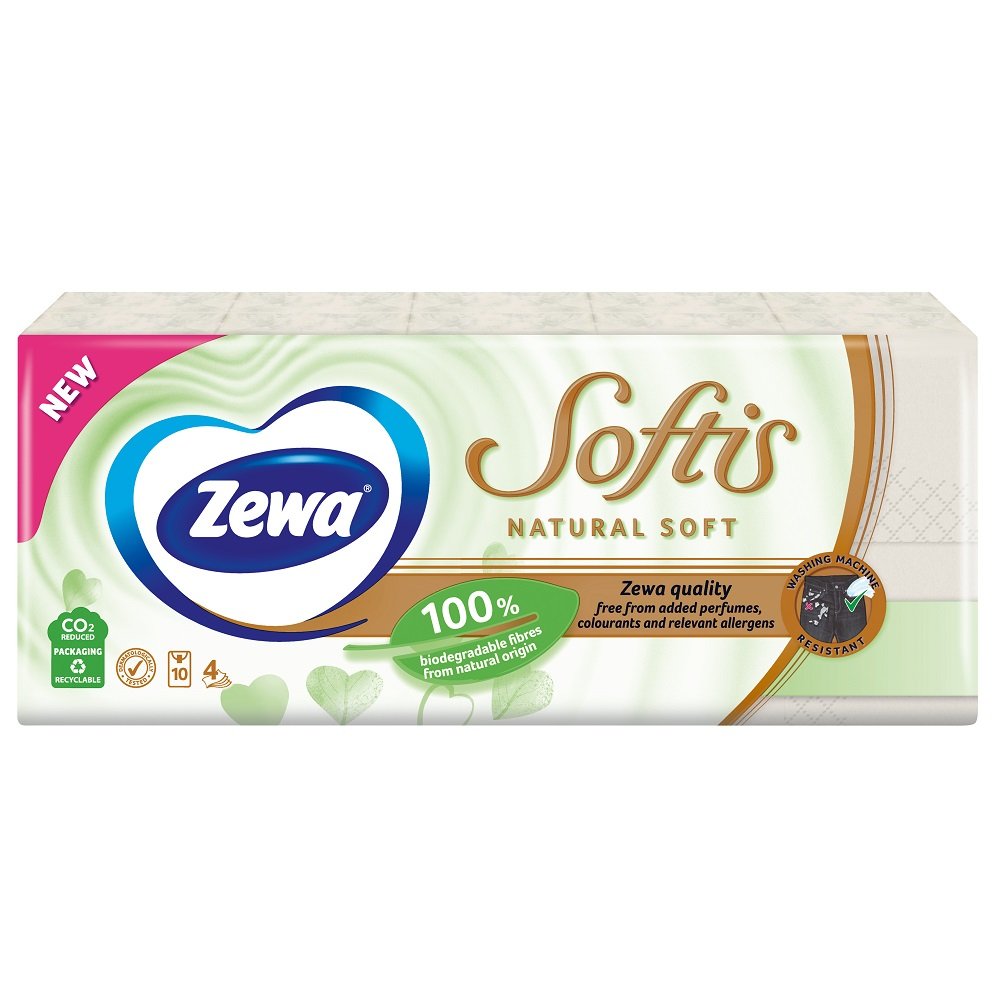 Носовые платки Zewa Softis Natural Soft, четырехслойные, 10 уп. по 9 шт. (870033) - фото 1