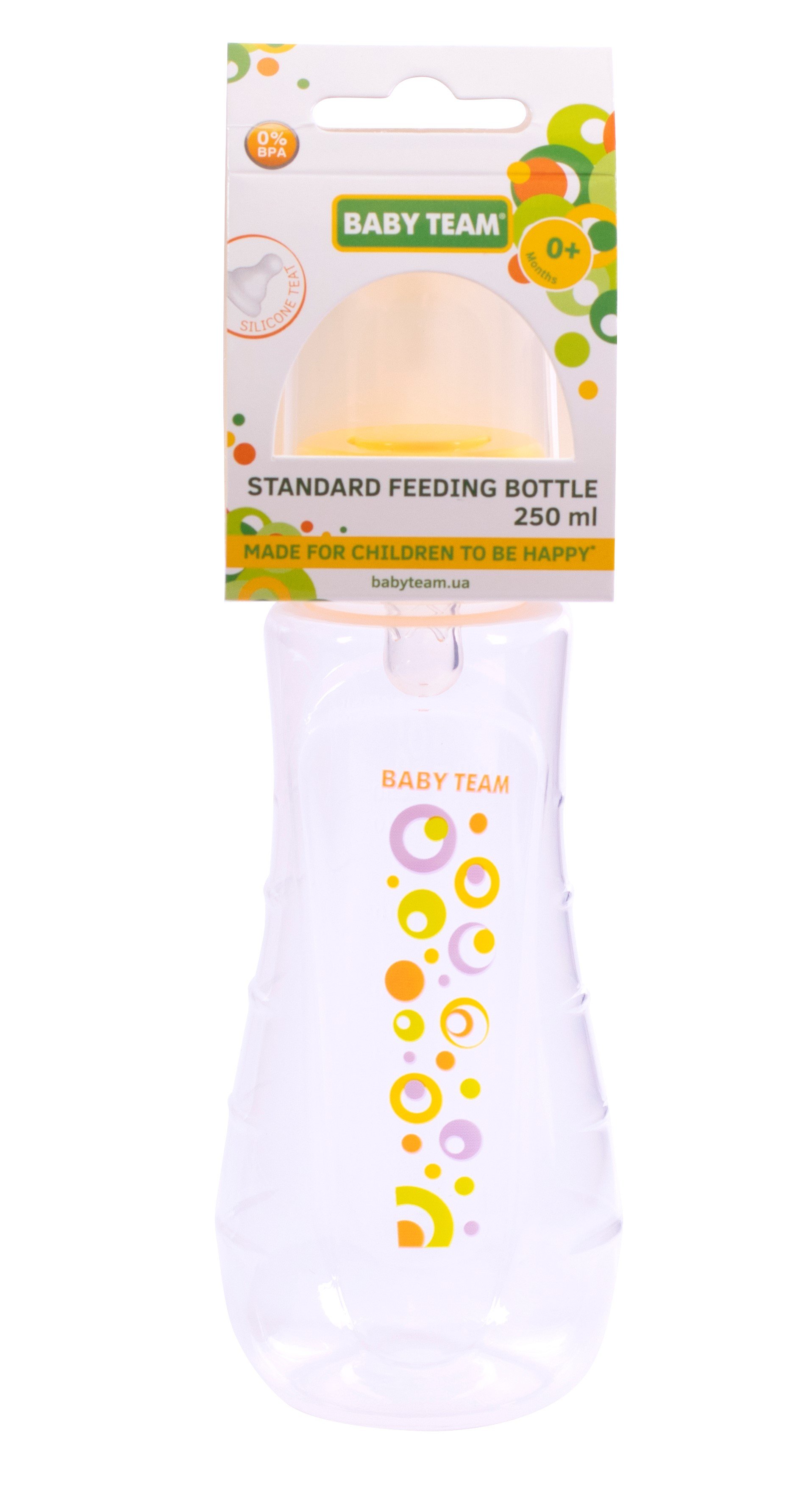 Пляшечка для годування Baby Team, ергономічної форми з силіконової соскою, 250 мл, жовтий (1412_желтая) - фото 3