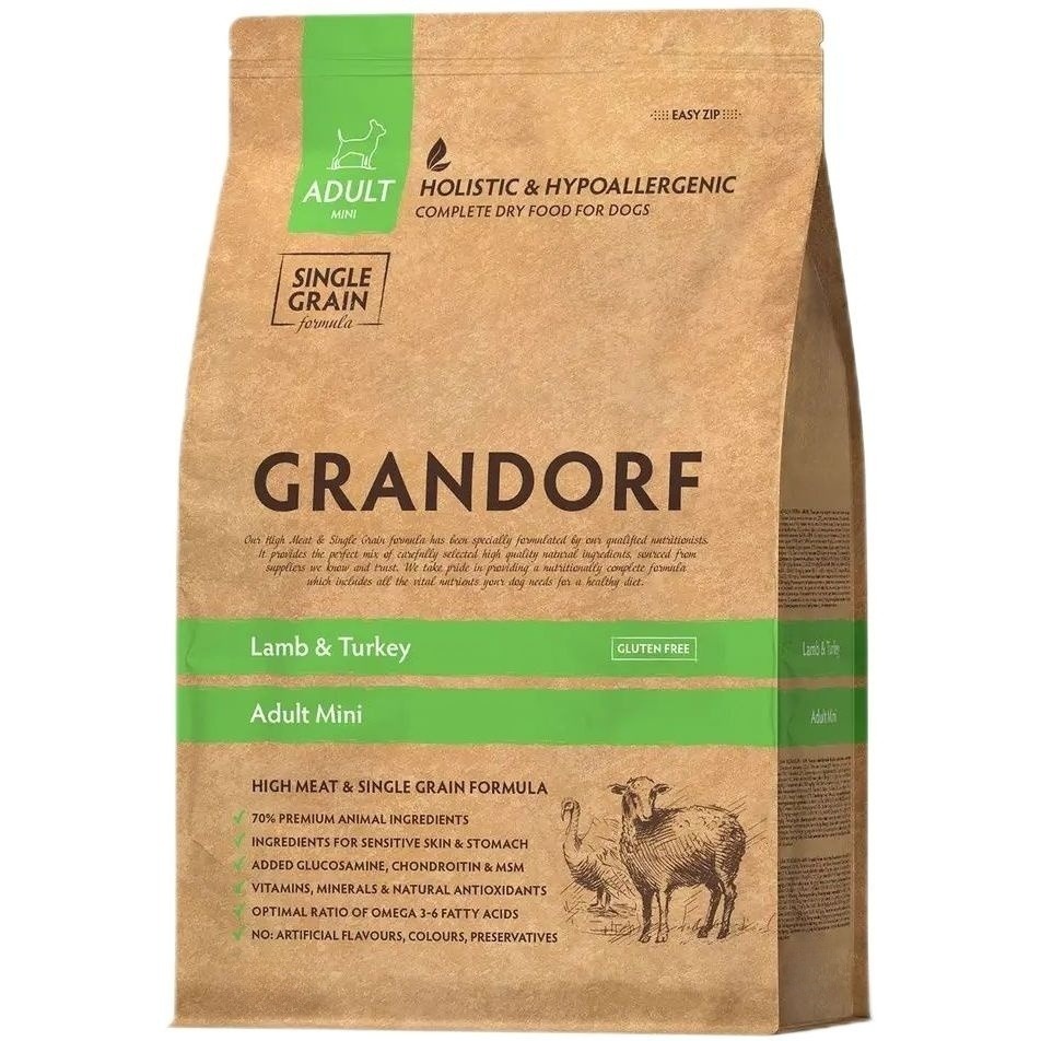 Сухой корм для взрослых собак мелких пород Grandorf Lamb & Turkey Adult Mini ягненок с индейкой 8 кг - фото 1