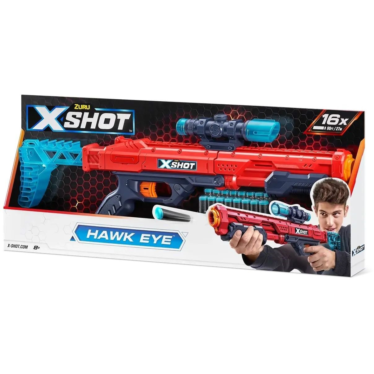Скорострельный бластер Zuru X-Shot Red Excel Hawk Eye, 16 патронов (36435R) - фото 1