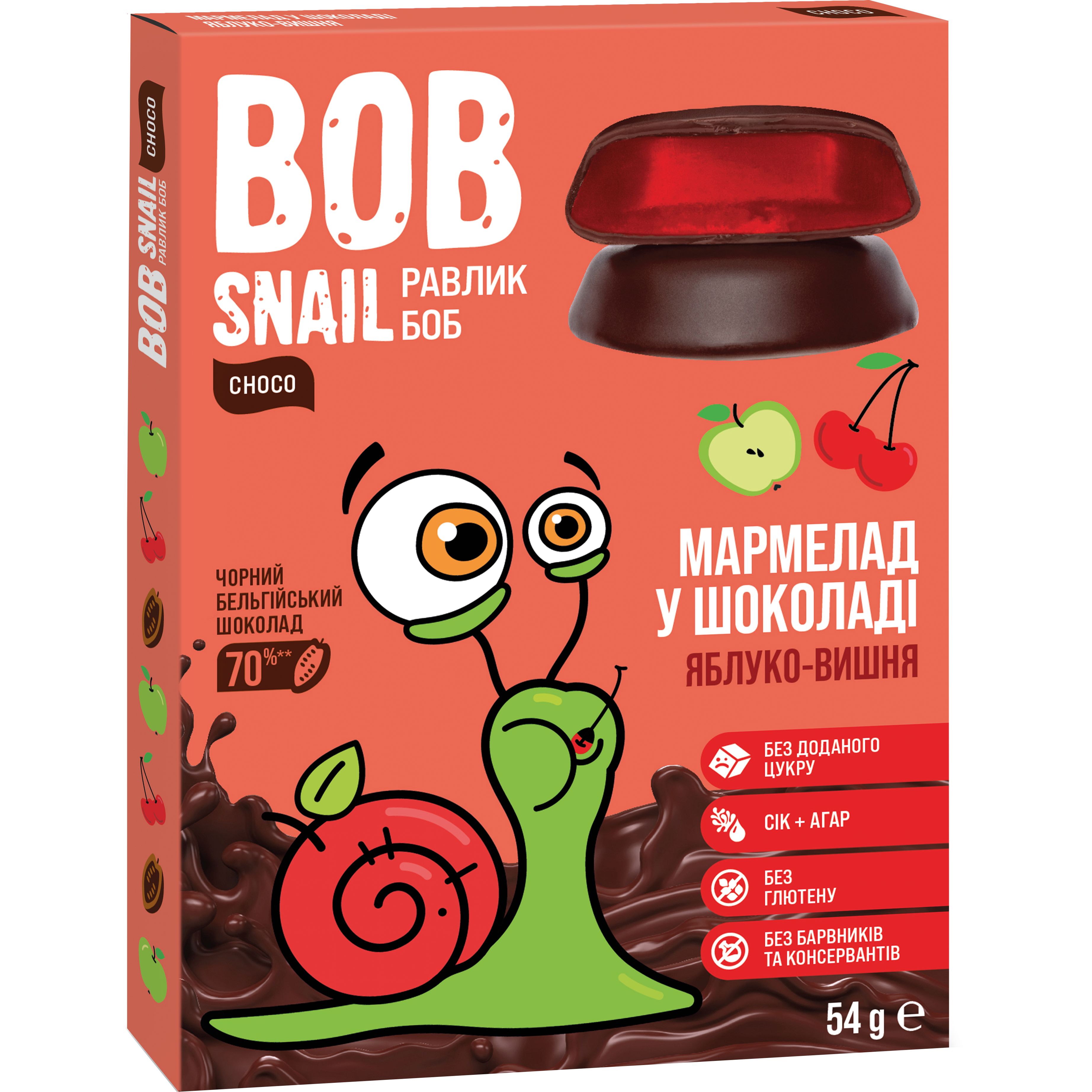Фруктово-ягідний мармелад Bob Snail Яблуко-Вишня в бельгійському чорному шоколаді 54 г - фото 1