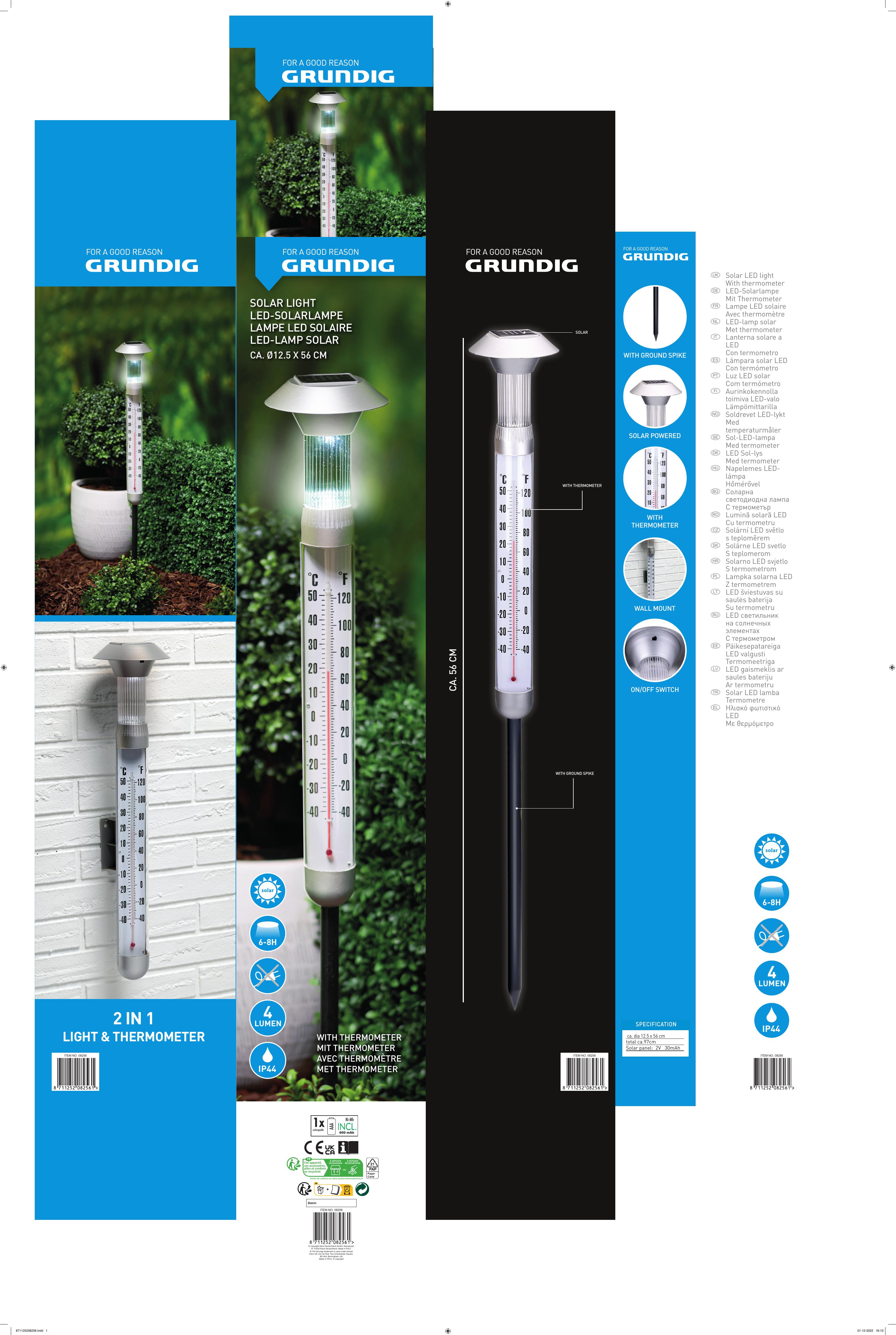 Садовий світильник з термометром 2 в 1 Grundig на сонячній батареї 12.5x97 см в асортименті - фото 3