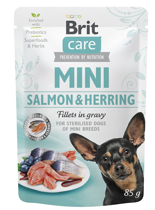 Беззерновий вологий корм для собак мініатюрних порід Brit Care Mini pouch, лосось та оселедець в соусі, 85 г - фото 1