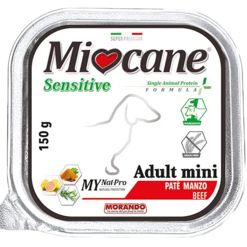 Беззерновые монопротеиновые консервы для собак мелких пород Morando MioСane Sensitive Monoprotein Adult Mini, говядина, 150 г - фото 1