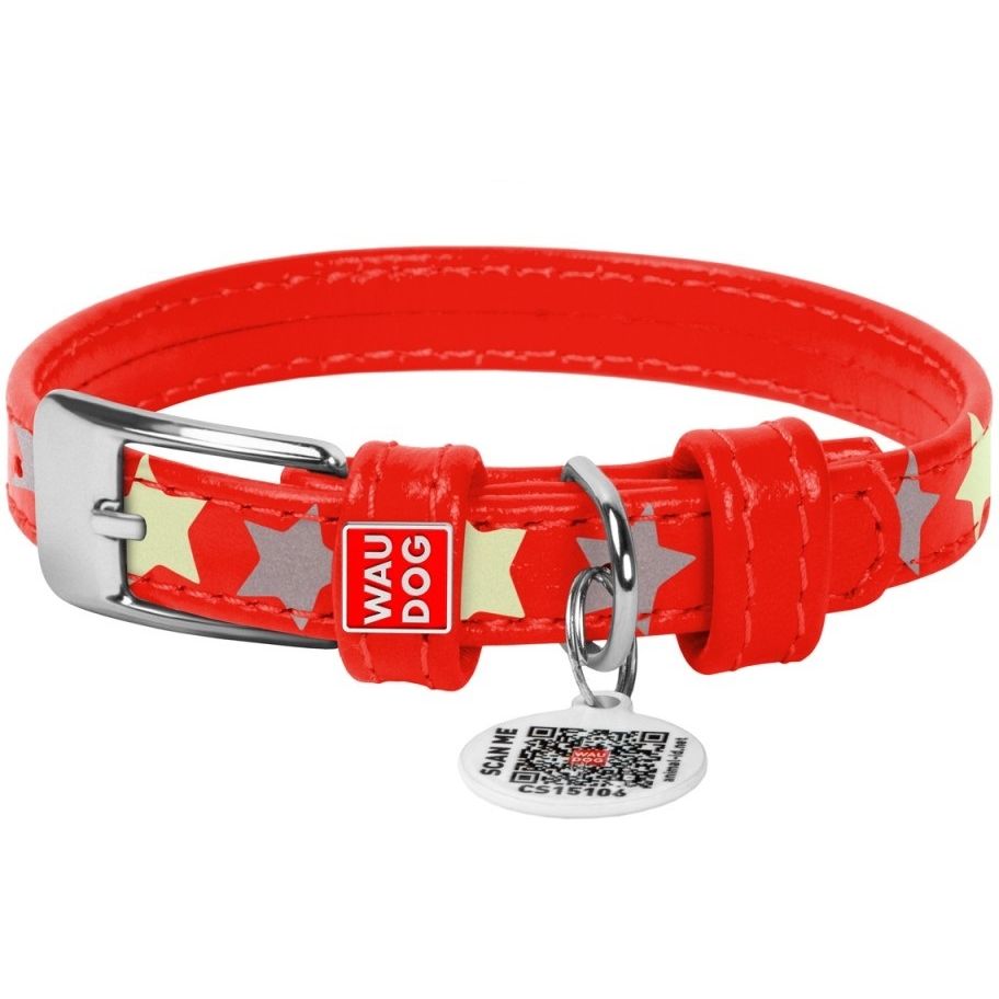 Нашийник для собак Waudog Glamour Зірочка, шкіряний, світловідбивний, світлонакопичуючий, з QR паспортом, M, 30-39х2 см, червоний - фото 1