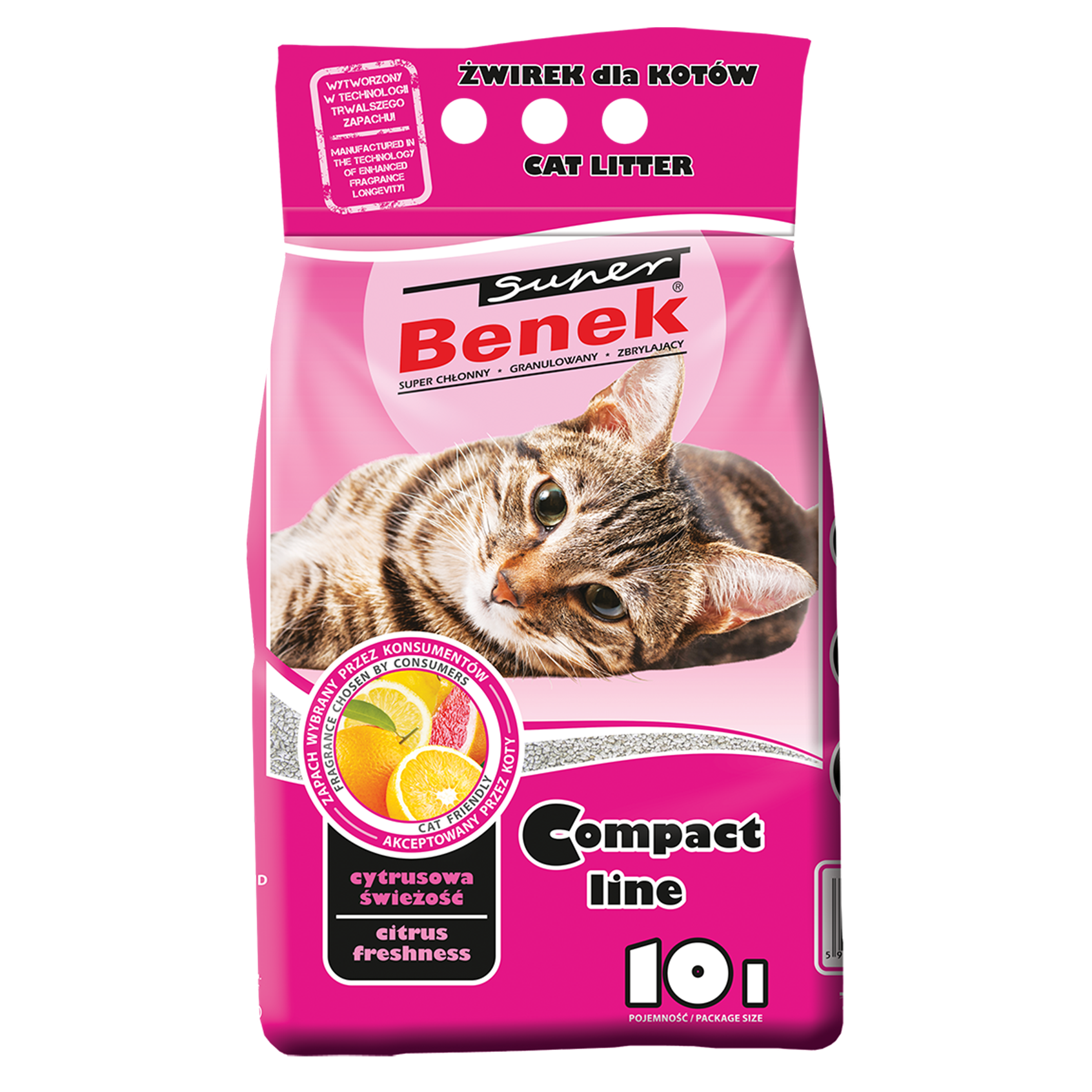 Бентонітовий наповнювач для котячого туалету Super Benek Компактний, з ароматом цитрусової свіжості, 10 л - фото 1