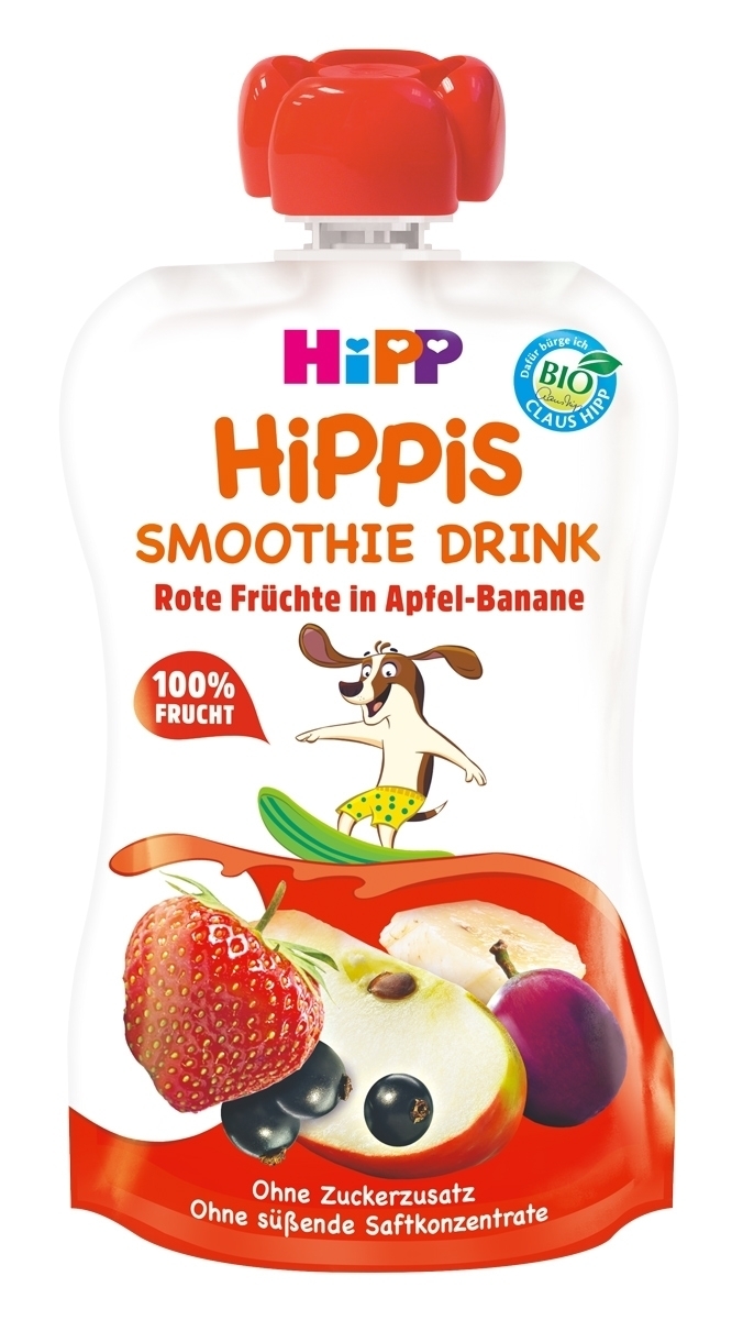 Набор фруктовых смузи HiPP HiPPiS Pouch Красные ягоды с яблоком и бананом, 720 г (6 упаковок по 120 г) - фото 1