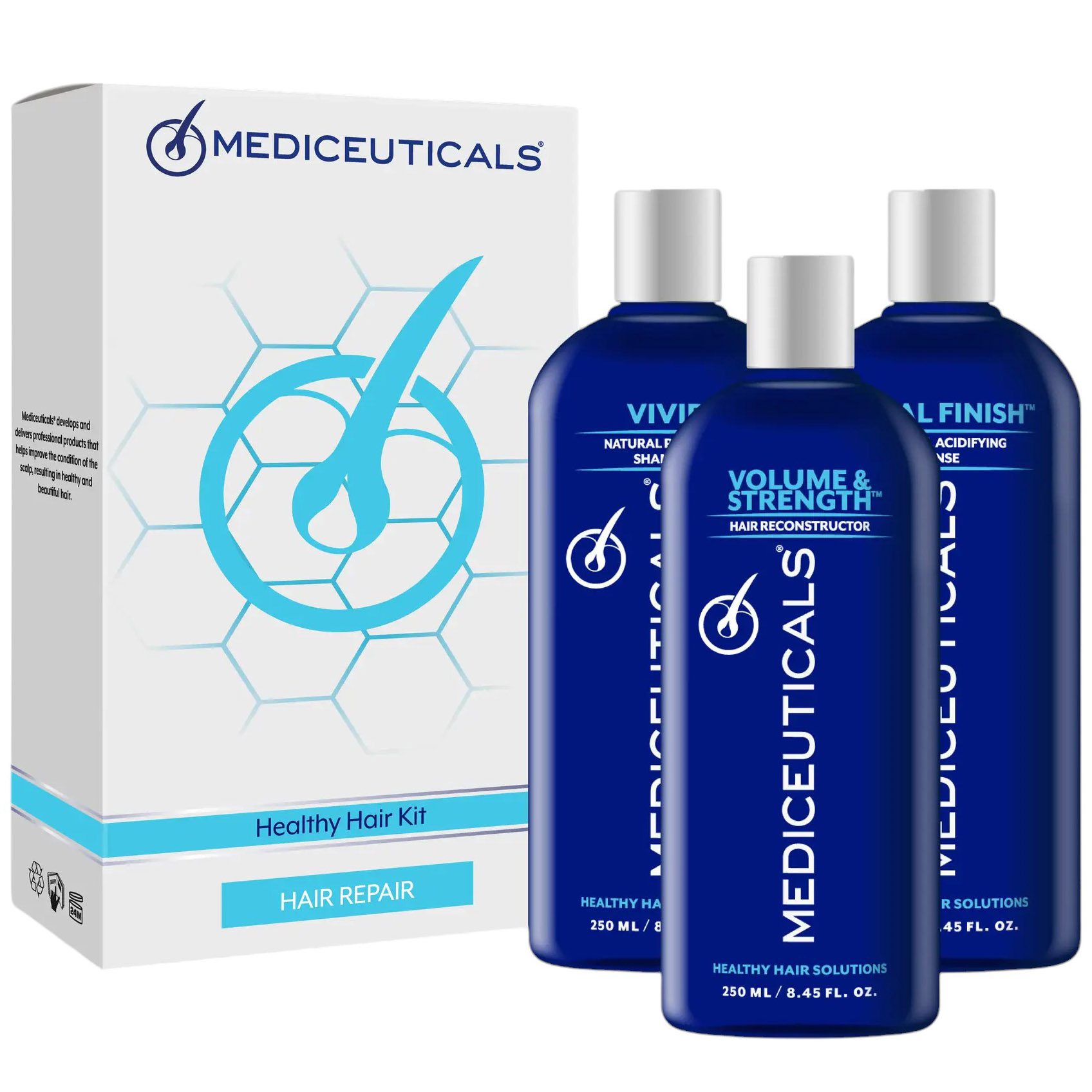 Набор для реконструкции волос Mediceuticals Healthy Hair Kit: Шампунь Mediceuticals Vivid 250 мл + Реконструктор Mediceuticals Volume & Strength 250 мл + Кондиционер Final Finish Natural Acidifying Rinse 250 мл - фото 1