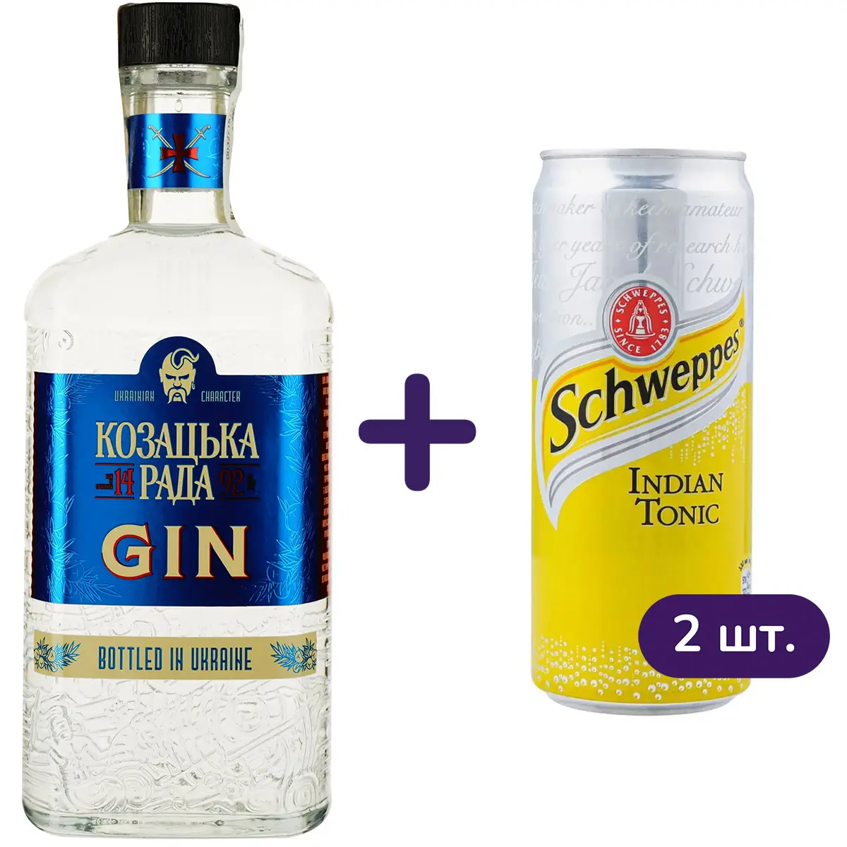 Джин Козацька Рада 37.5% 0.5 л + Напиток Schweppes Indian Tonic Water безалкогольный 330 мл 2 шт. - фото 1