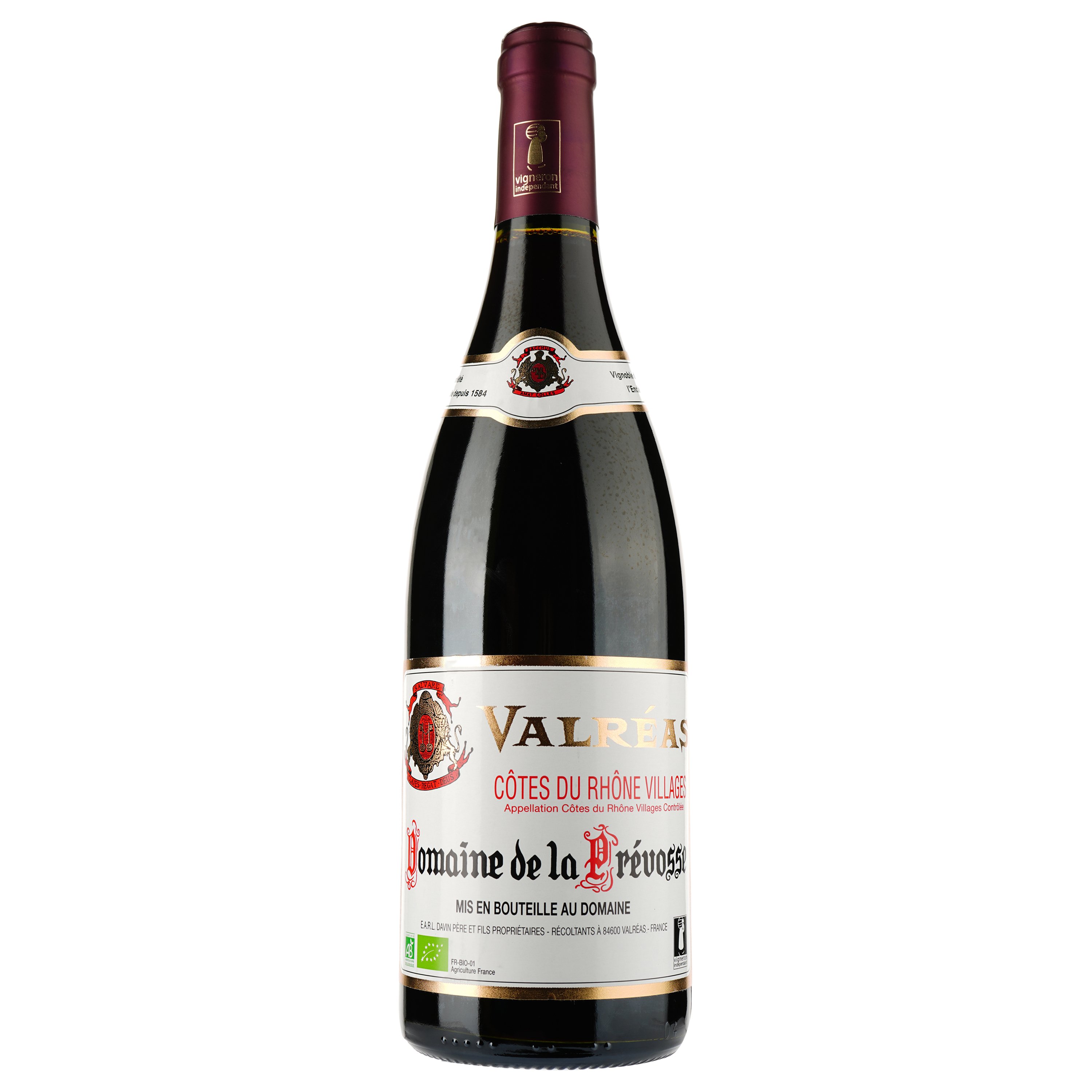 Вино Domaine de la Prevosse Valreas Bio 2019 AOP Cotes du Rhone, красное, сухое, 0,75 л - фото 1