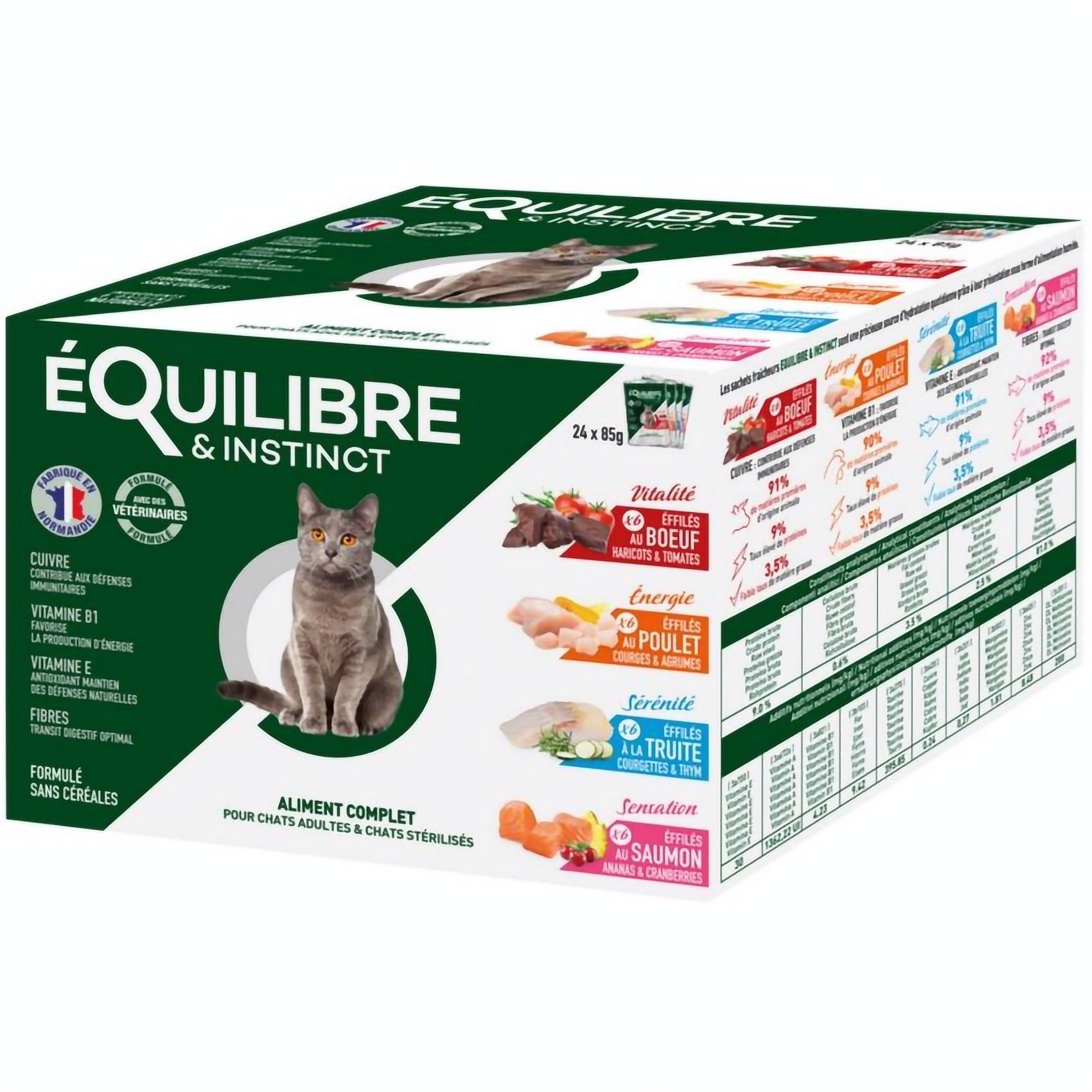Мультипак вологих кормів для дорослих та стерилізованих котів Equilibre & Instinct зі смаками курки, форелі, яловичини та лосося 2.04 кг (24 шт. х 85 г) - фото 1