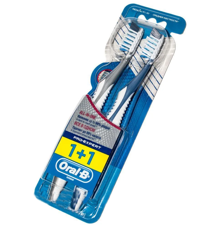 Зубная щетка Oral-B Все в одном, средняя, серый с синим, 2 шт. (2000999569487) - фото 1