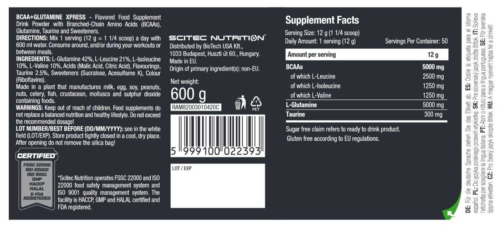 Аминокислоты Scitec Nutrition BCAA+Glutamine Xpress Лайм 600 г - фото 2