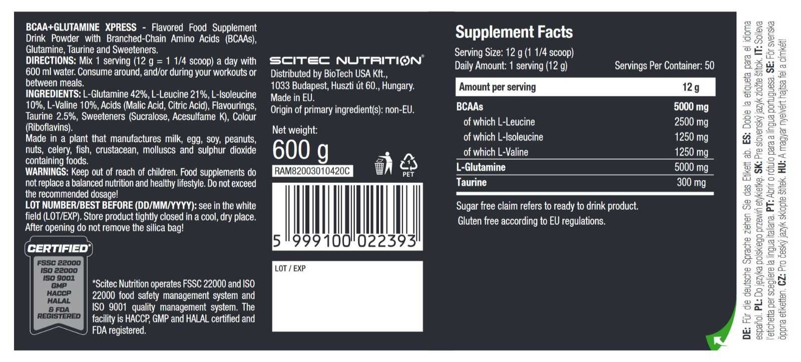 Амінокислоти Scitec Nutrition BCAA+Glutamine Xpress Лайм 600 г - фото 2