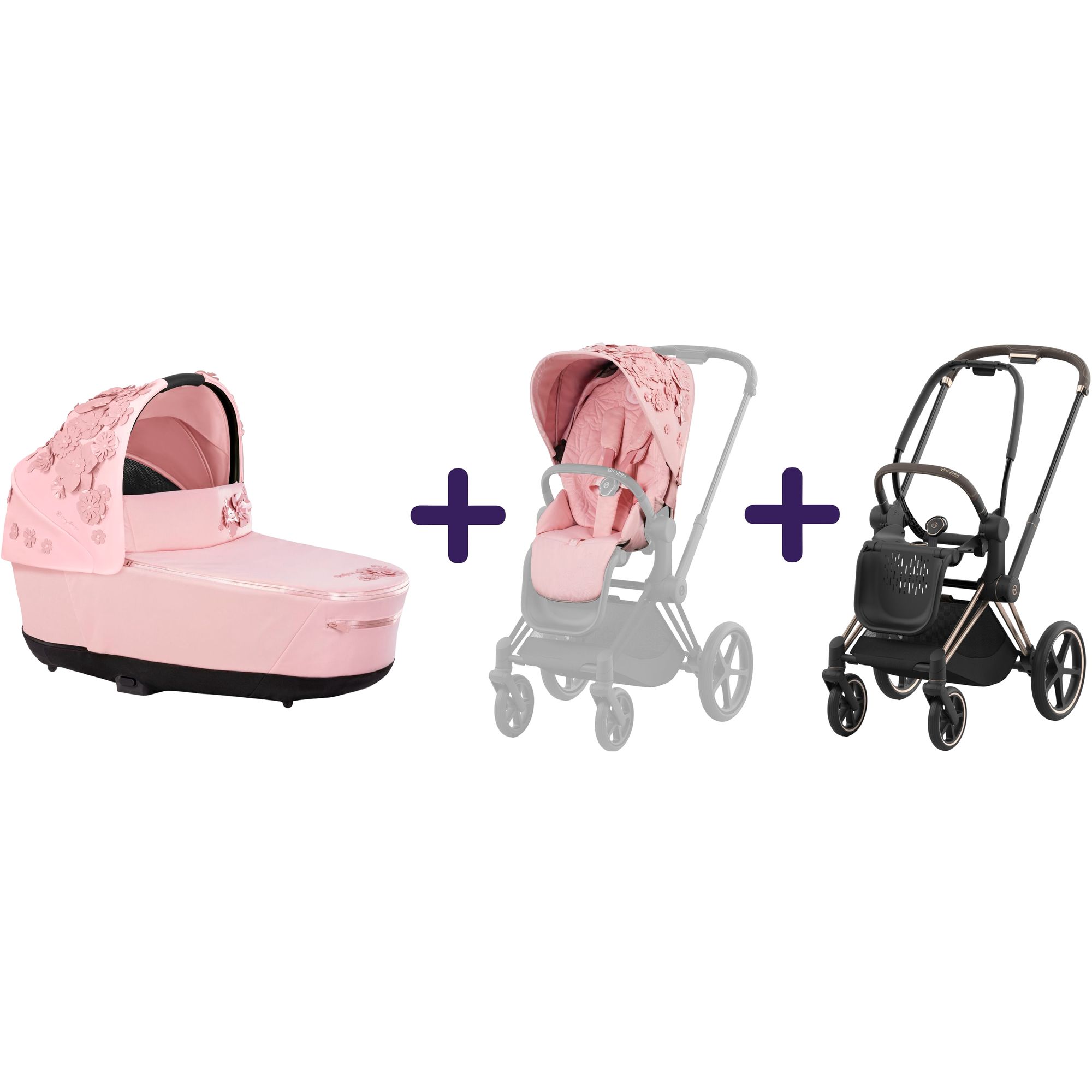 Люлька Cybex Priam Lux Simply flowers pink + Комплект текстилю Cybex Priam Simply flowers pink + Шасі Cybex Priam з каркасом LS RBA Rosegold - фото 1