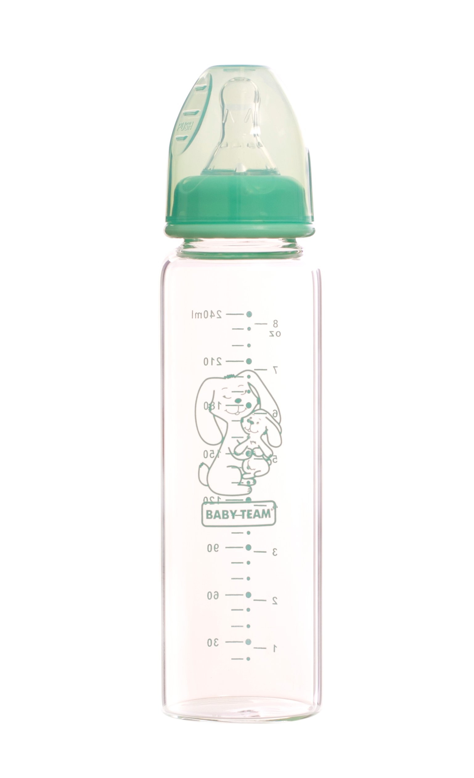 Пляшечка для годування Baby Team, скляна, 250 мл, зелений (1211_зайчик) - фото 1